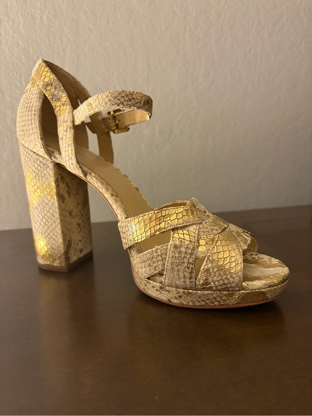 Michael Kors Gold Snake-Embossed Platform Sandals